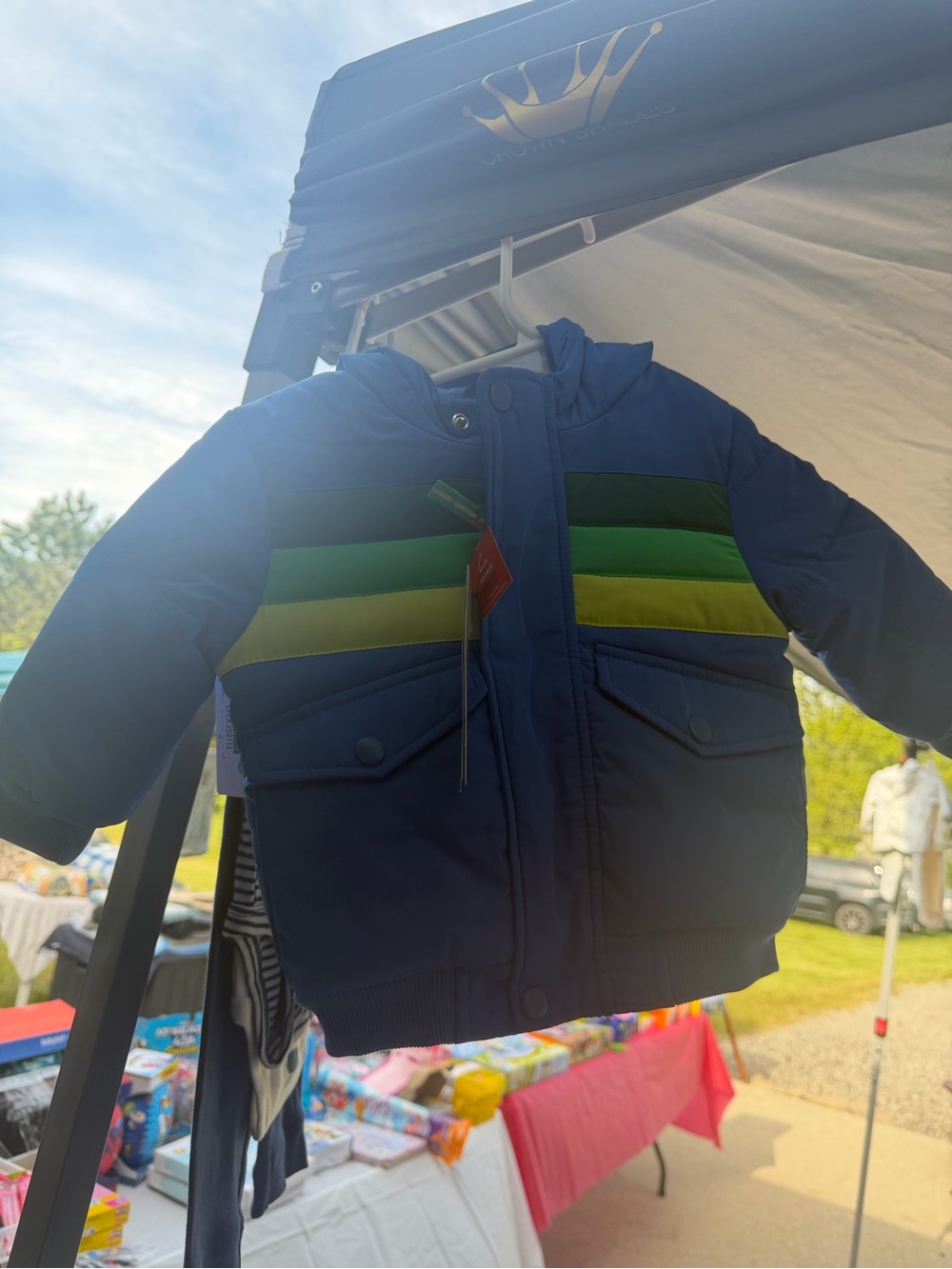 Cat & Jack Navy Puffer Jacket with Green Stripe Details